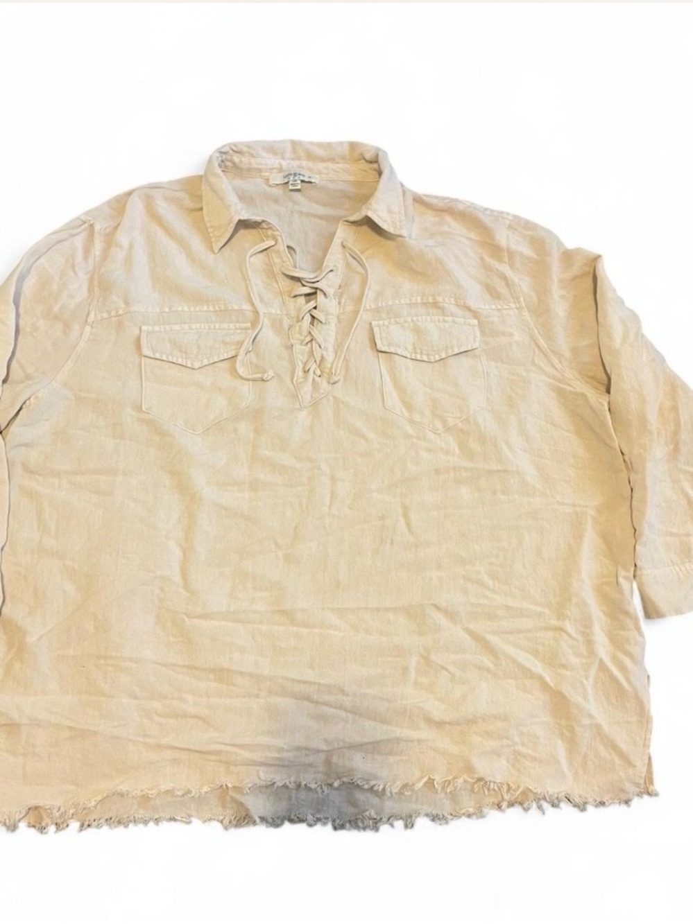 Umgee Lace-Up Collared Blouse in Light Tan